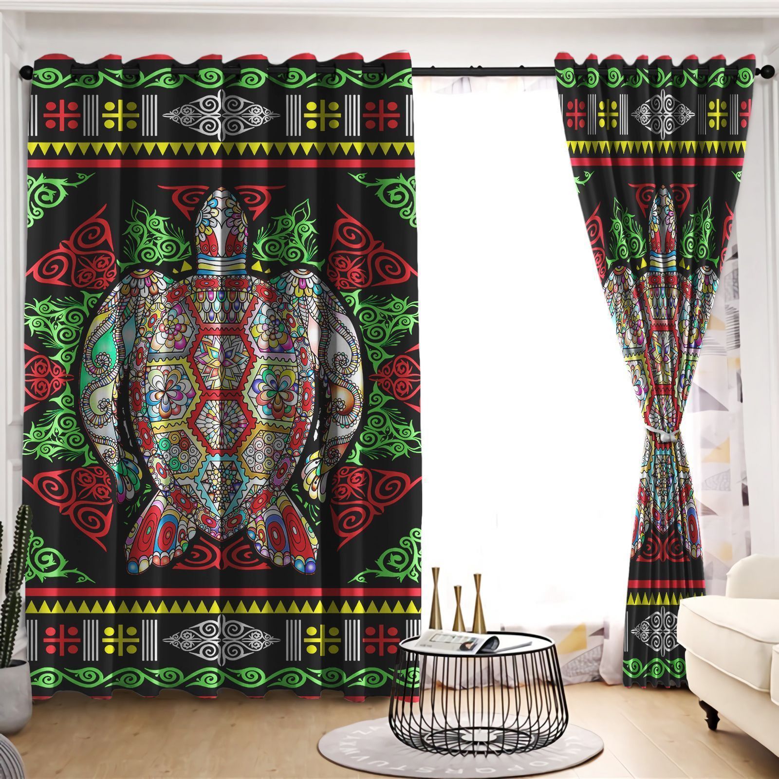 Turtle Green And Red Paisley Design Printed Window Curtain Home Decor
