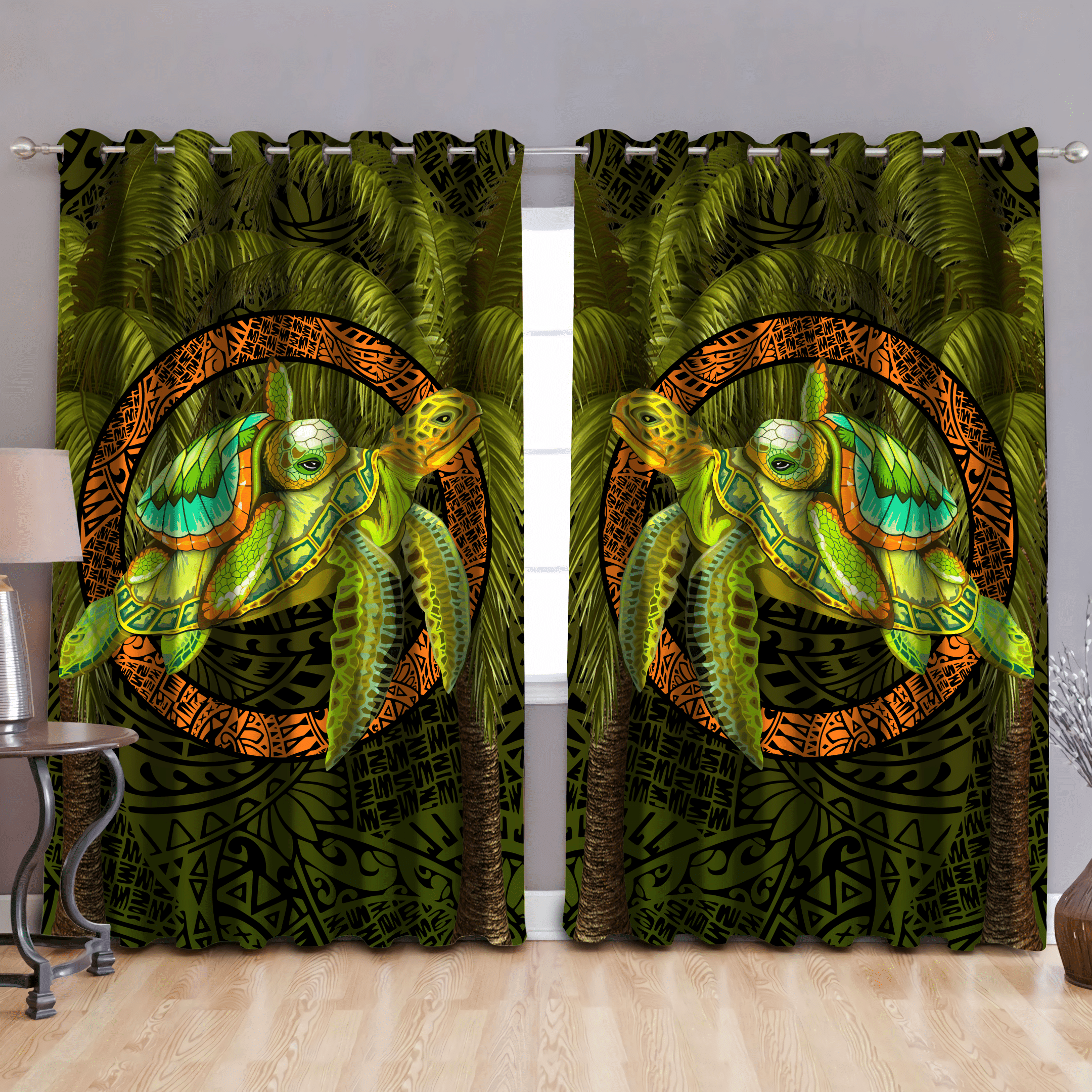 Turtle Palm Tree Green Printed Window Curtain Home Decor