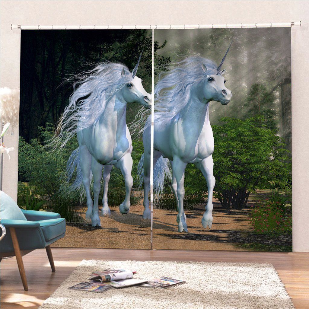 Two Unicorns In Magical Forest Printed Window Curtain Home Decor