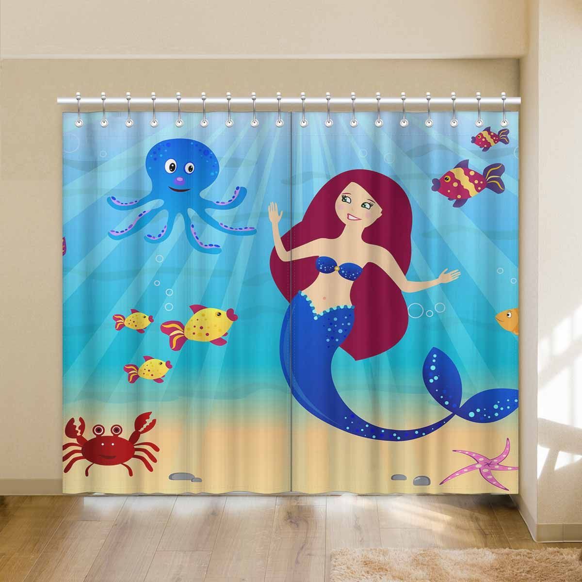 Undersea Mermaid Octopus Fishes And Crap Printed Window Curtain