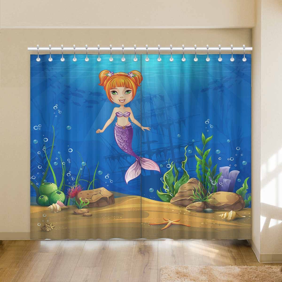 Undersea World With Haired Mermaid Printed Window Curtain