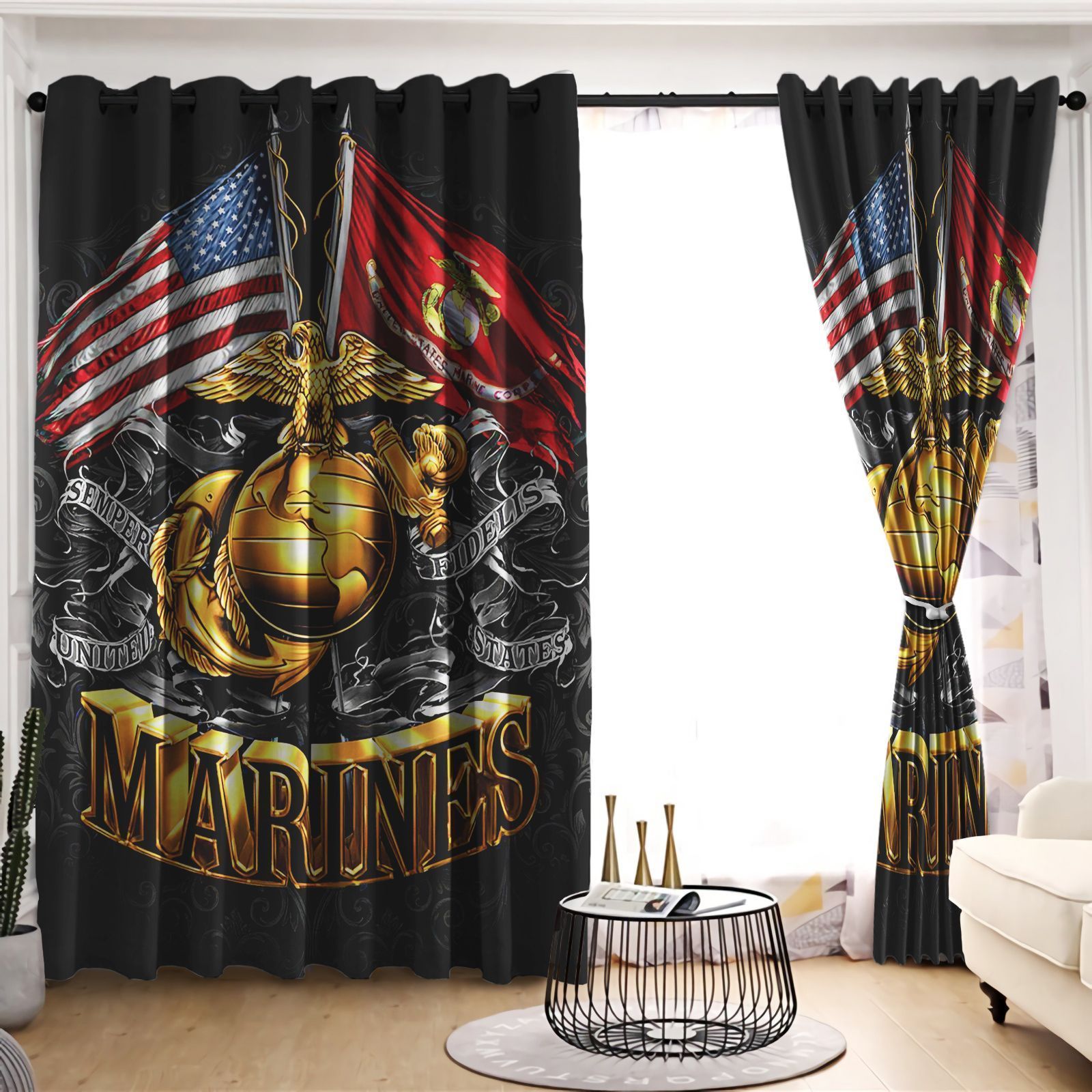 Us Marine Gold Eagle Printed Window Curtain Home Decor
