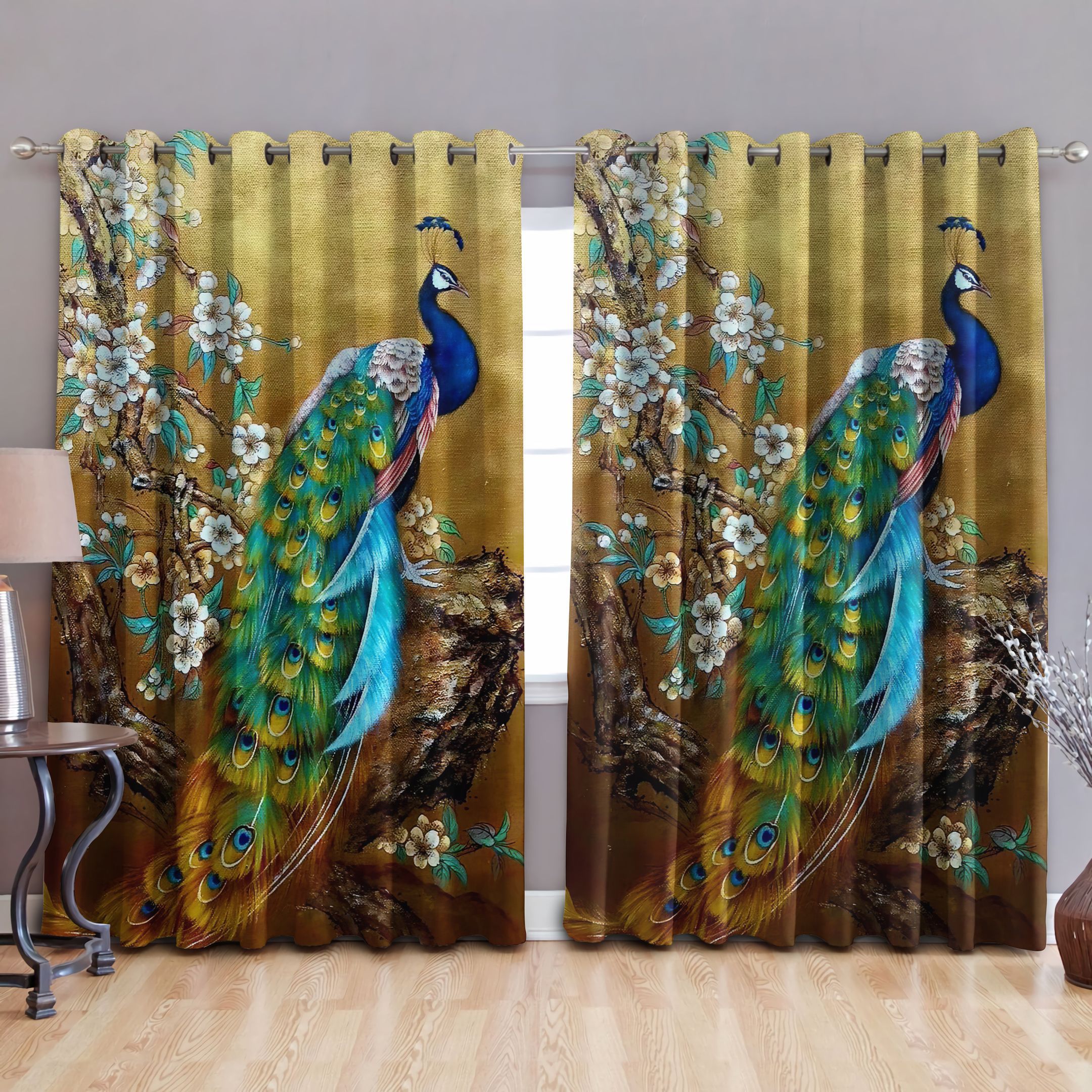 Vibrant Peacock Printed Window Curtains Home Decor