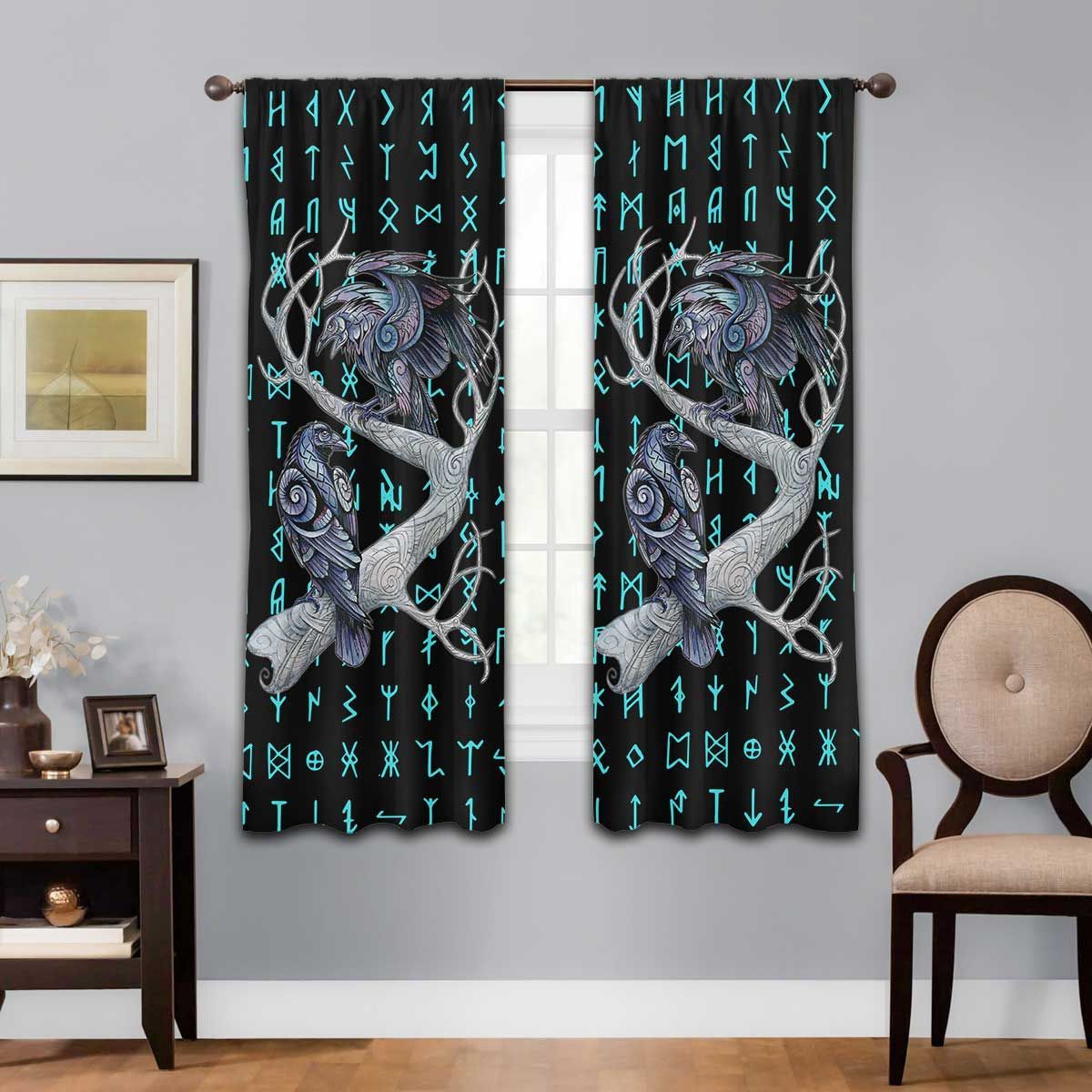 Viking Black Bird Rune Alphabet Printed Window Curtain