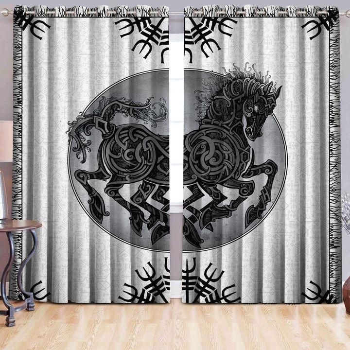 Viking Horse Celtic Design Gray And Black Background Printed Window Curtain