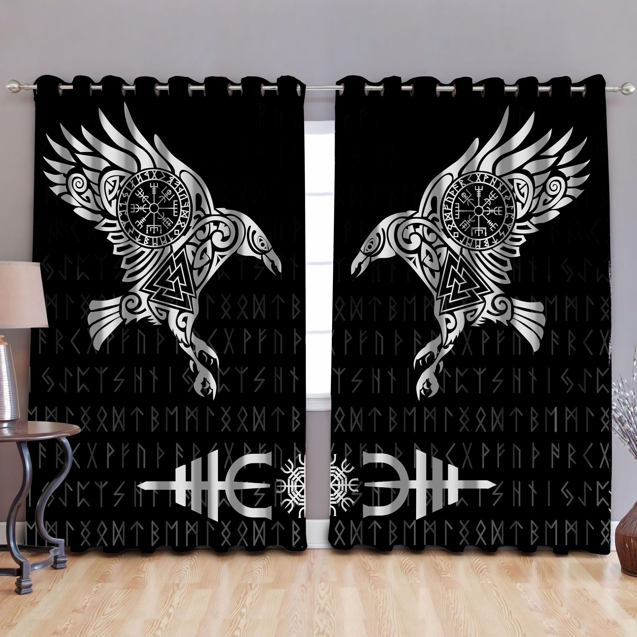 Vikings - The Raven of Odin Tattoo Blackout Thermal Grommet Window Curtains