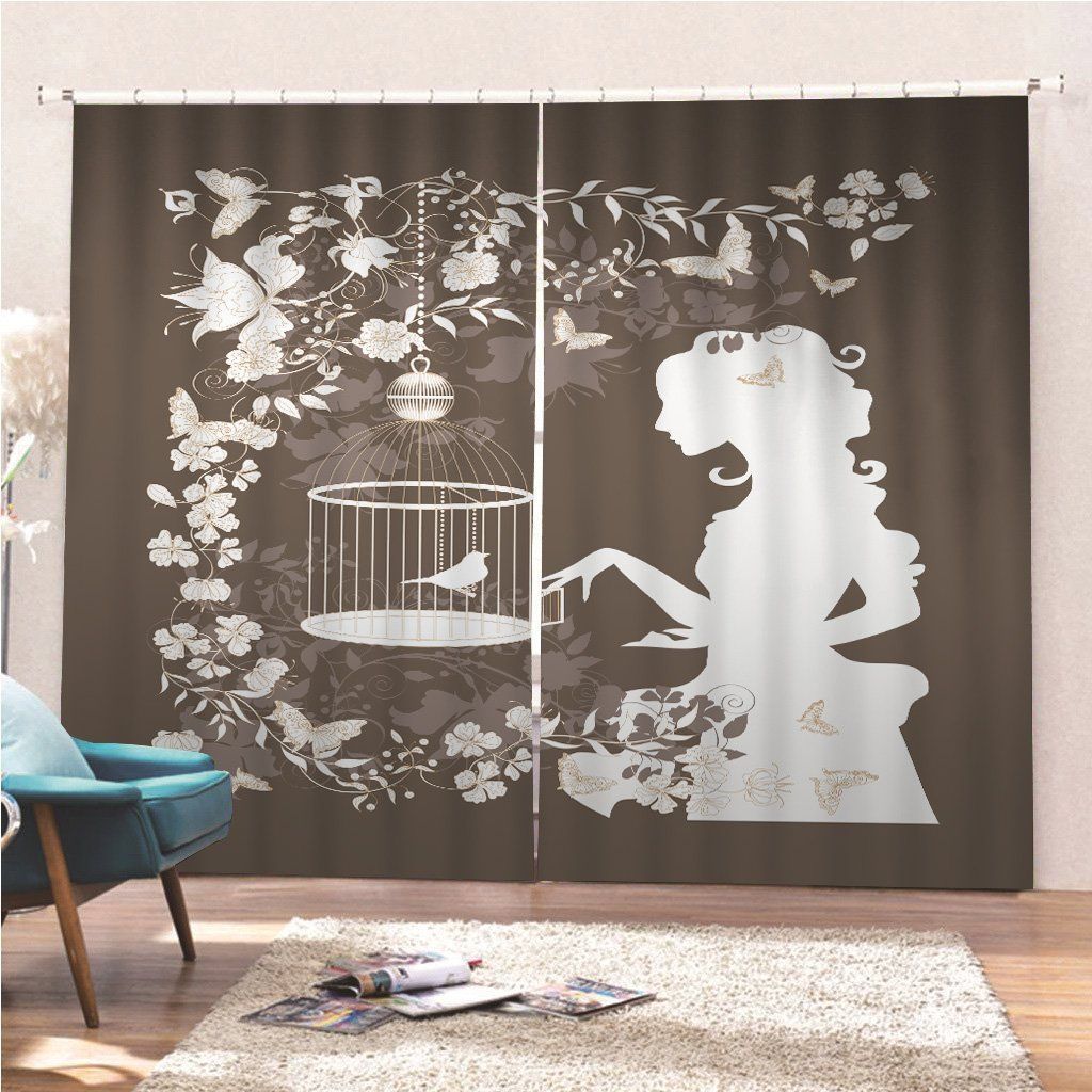 Vintage Girl And Bird Printed Window Curtain