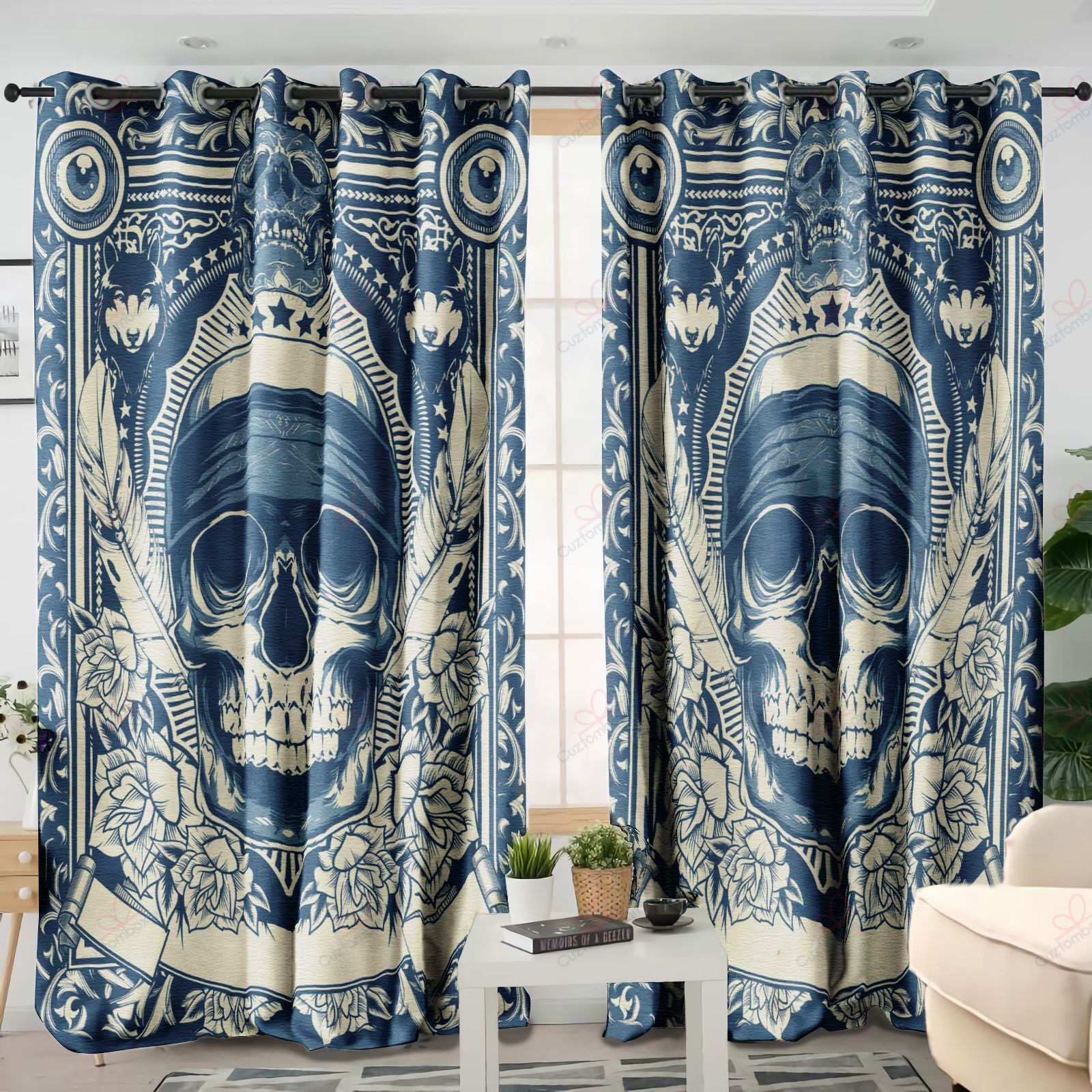 Vintage Skull And Flower Printed Window Curtain Home Decor