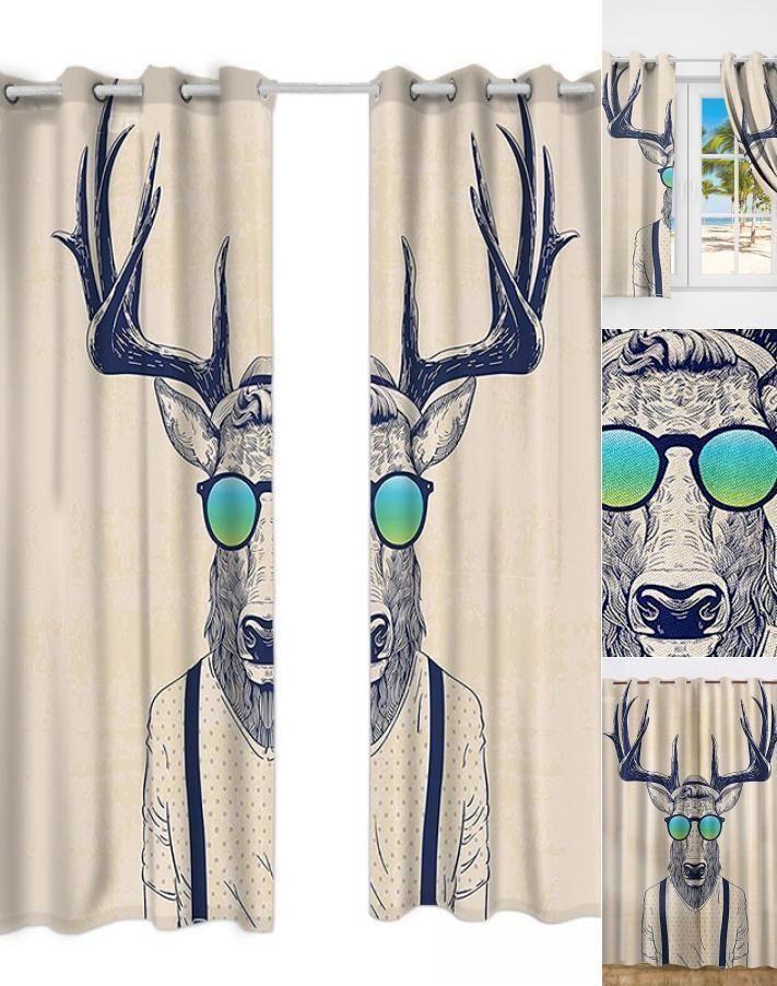 Vivid Deer Antler With Sun Glasses Printed Window Curtain