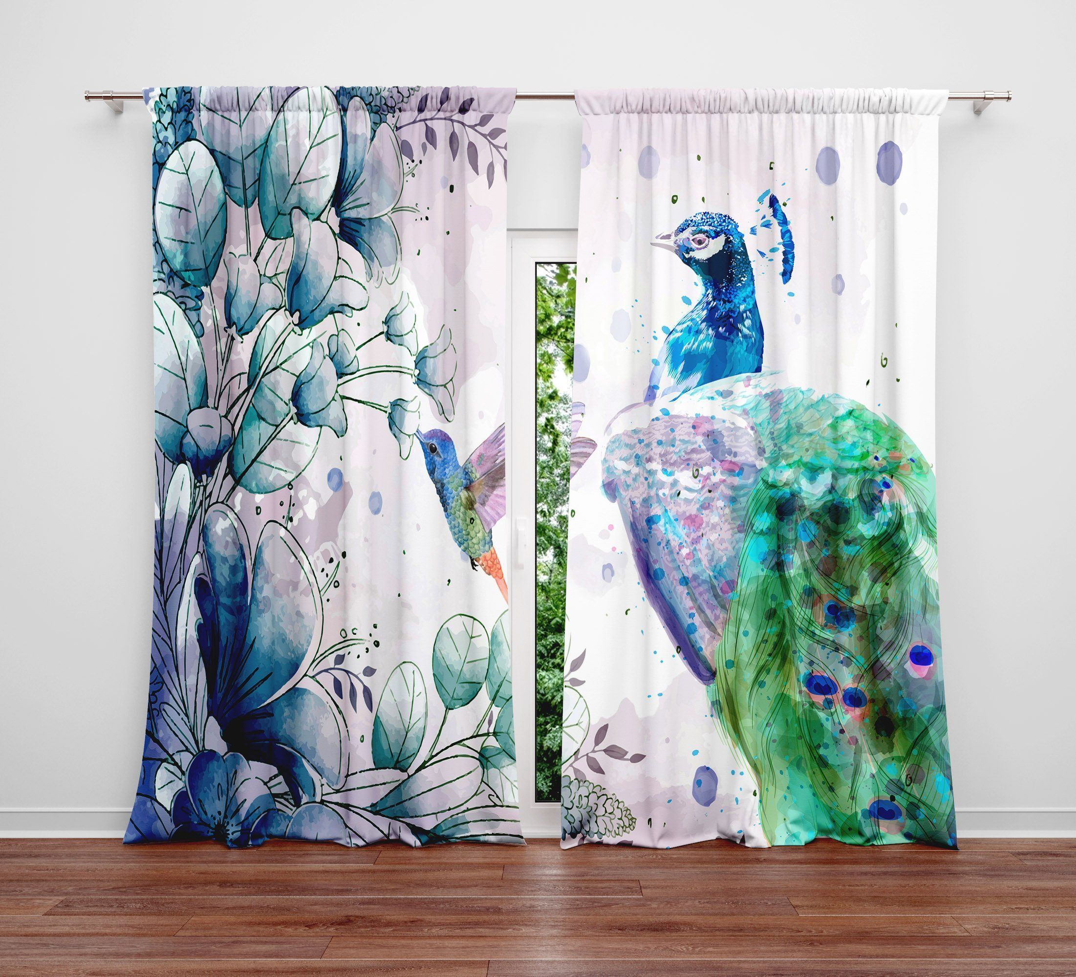 Watercolor Peacock And Hummingbird Printed Window Curtain