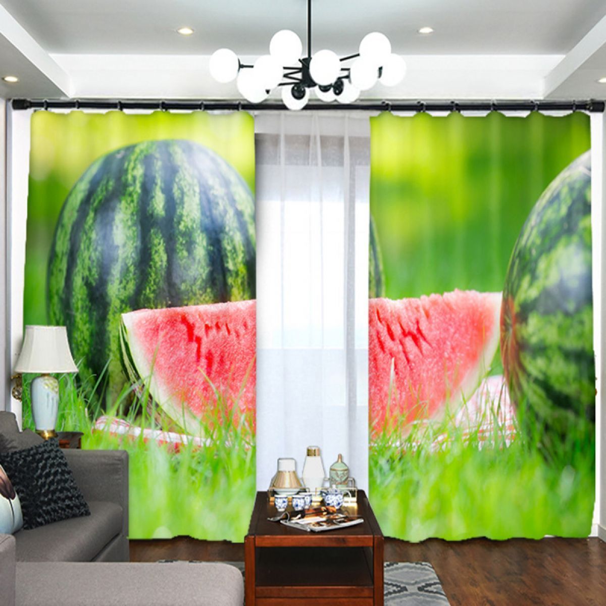 Watermelon On Green Grass Printed Window Curtain Home Decor