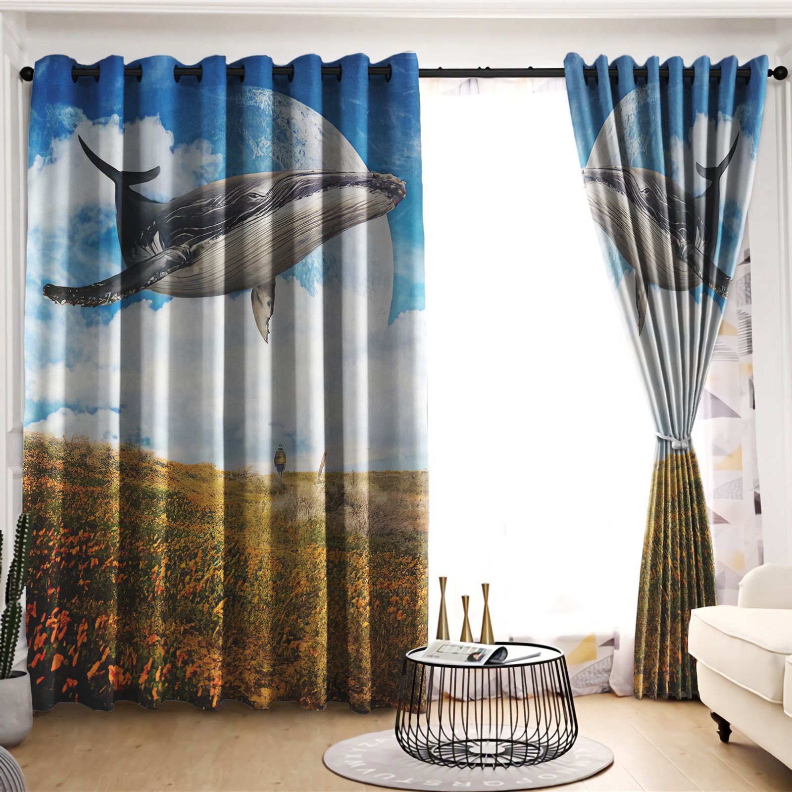 Whale Blue Sky Printed Window Curtain Home Decor
