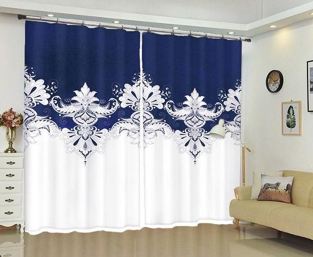 White And Blue Symmetrical Pattern Printed Window Curtain