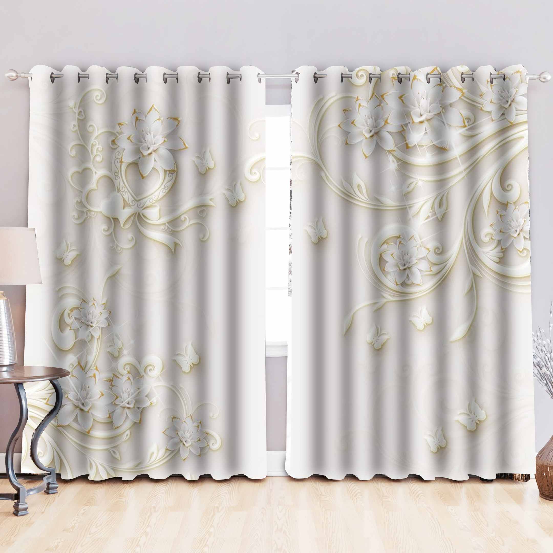 White Blooms Printed Window Curtain Home Decor