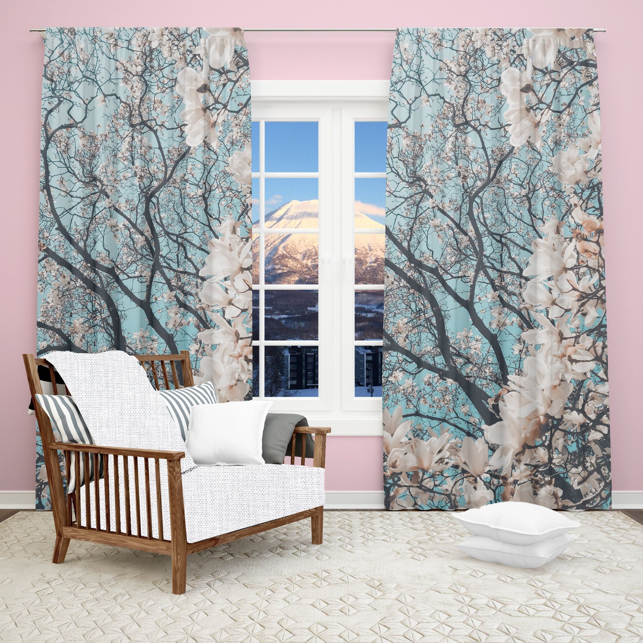 White Cherry Blossoms Printed Window Curtain Home Decor