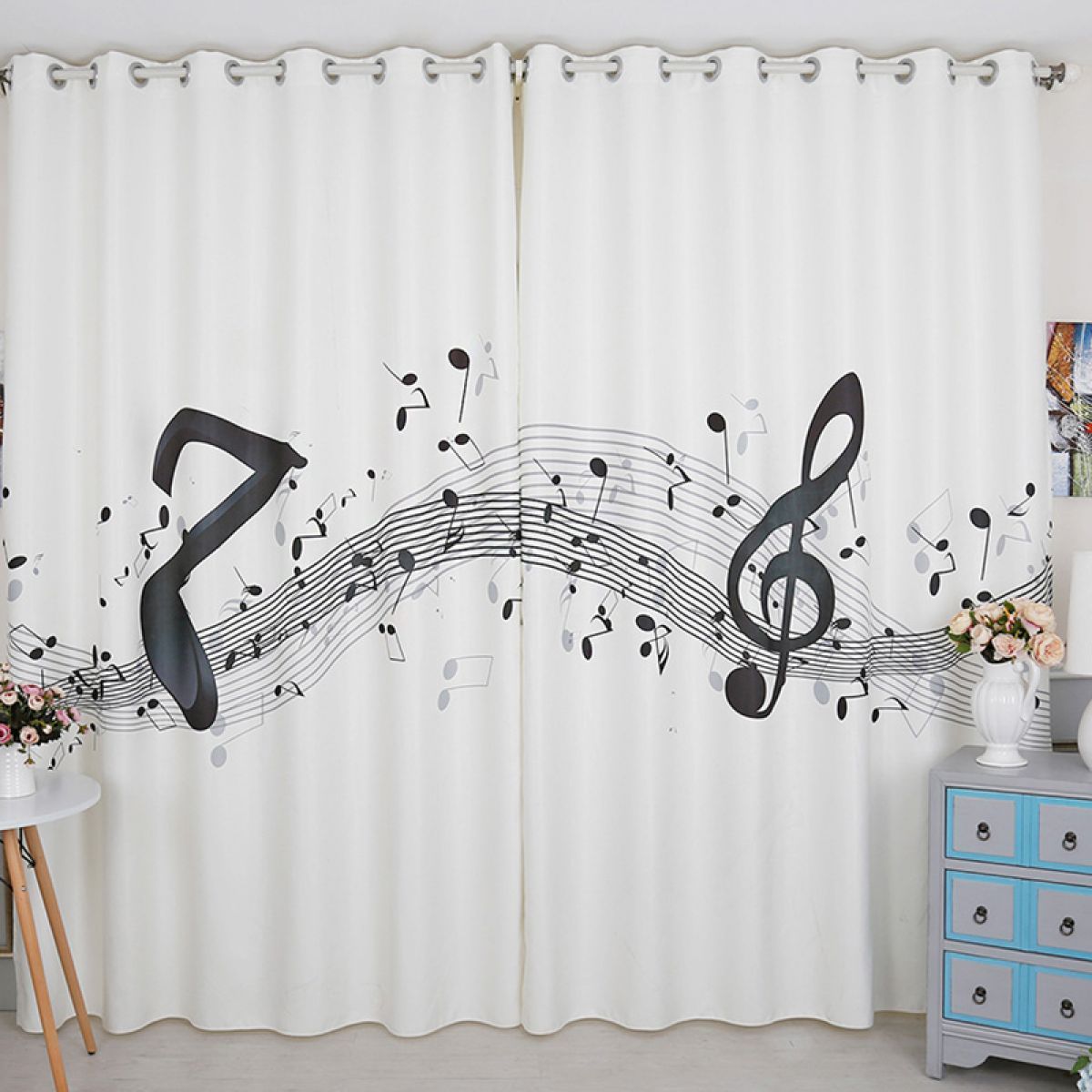 White Music Stave And Notes Printed Window Curtain Home Decor