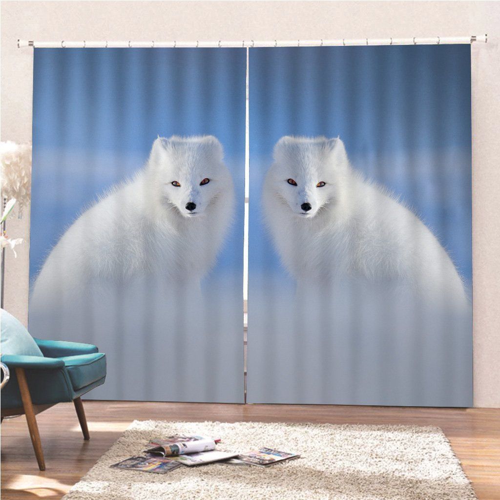 White Polar Fox In Snow Printed Window Curtain