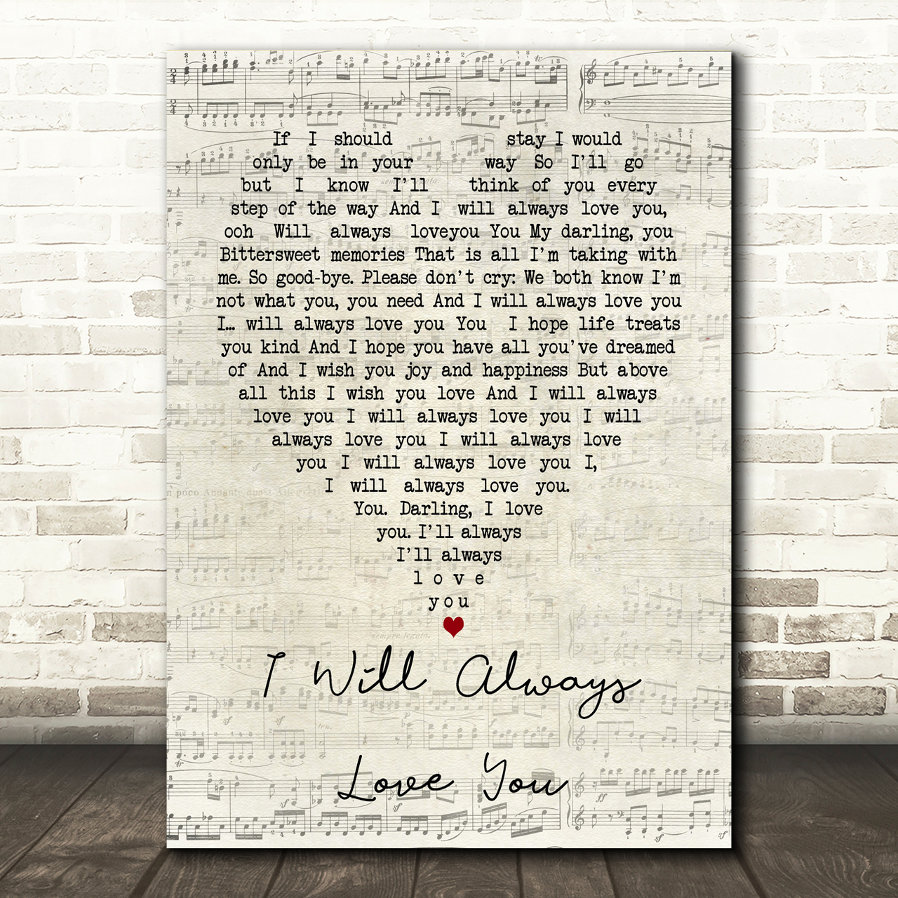 Whitney Houston I Will Always Love You Script Heart Song Lyric Print