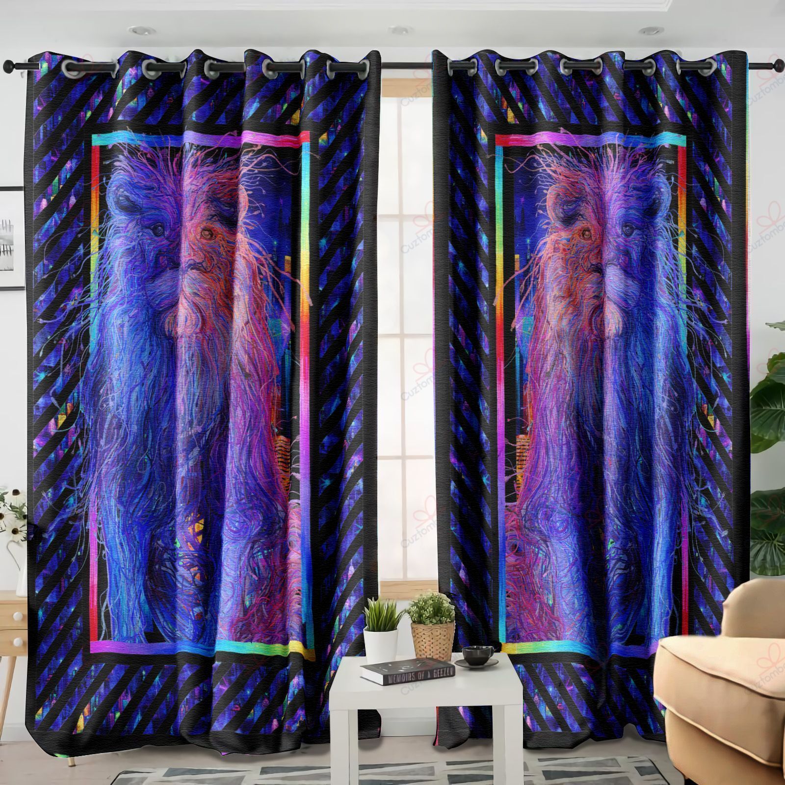 Wild Lion Purple And Red Printed Window Curtain Home Decor