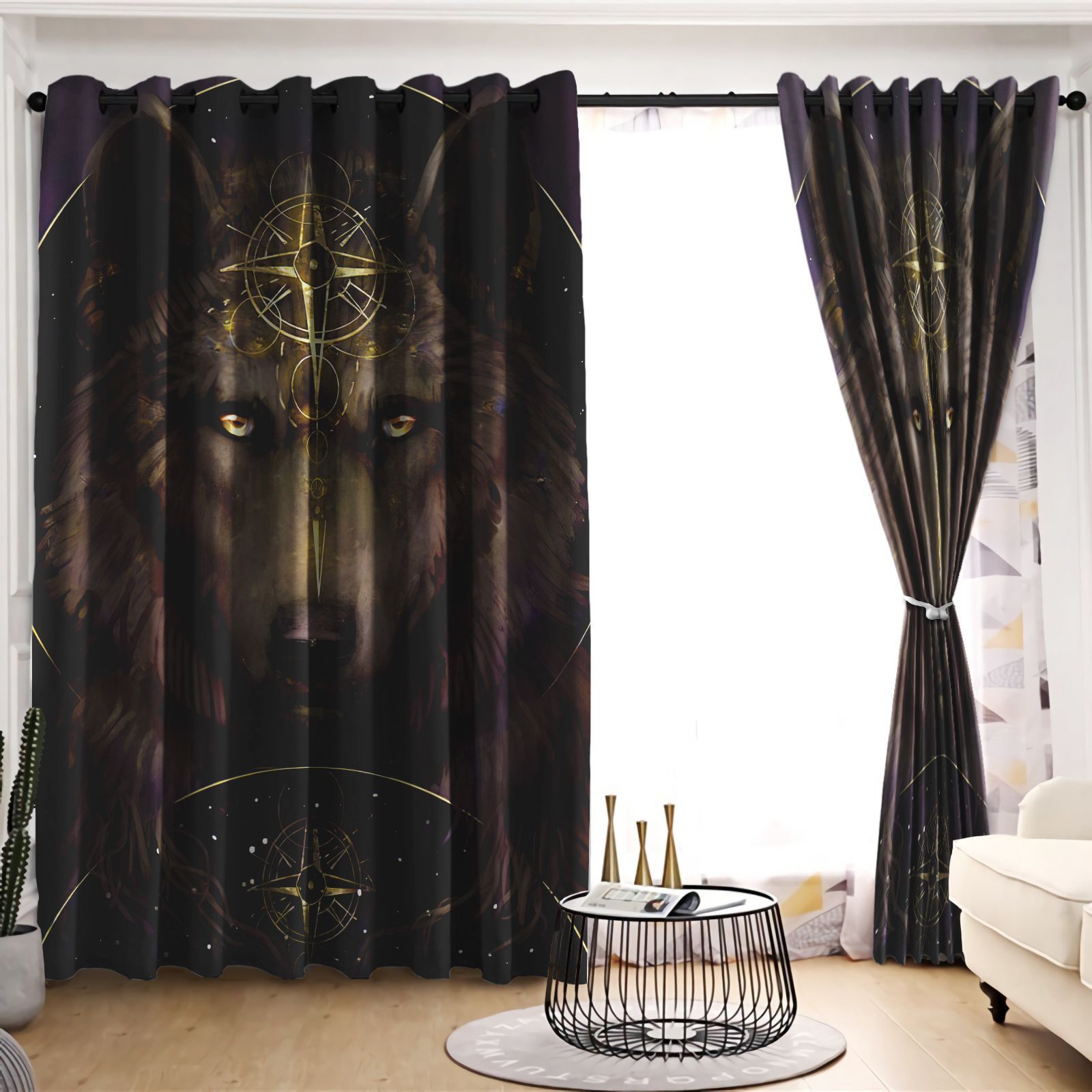 Wild Wolf Black And Yellow Background Printed Window Curtain