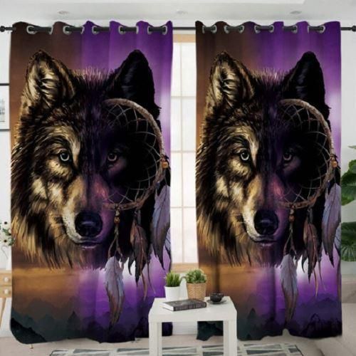 Wild Wolf Dreamcatcher Purple And Brown Printed Window Curtain