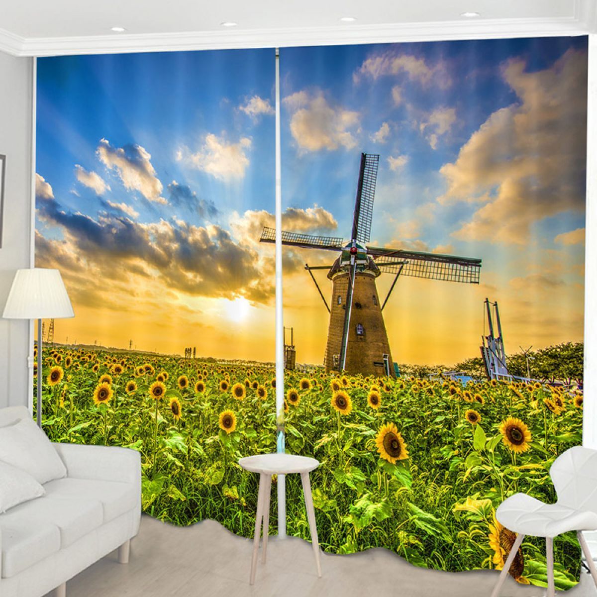 Windmill Sunflower Garden Printed Window Curtain Home Decor