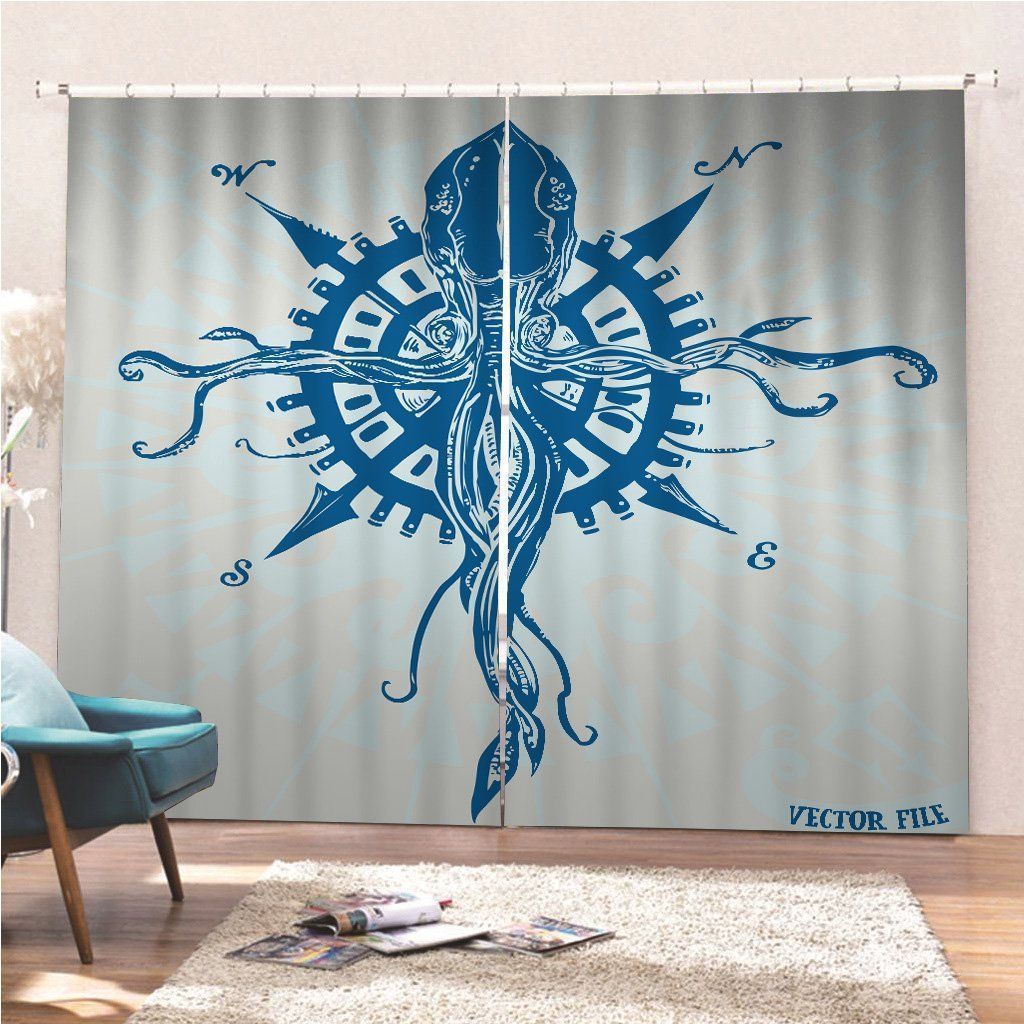 Windrose And Compass With Kraken Octopus Printed Window Curtain Home Decor
