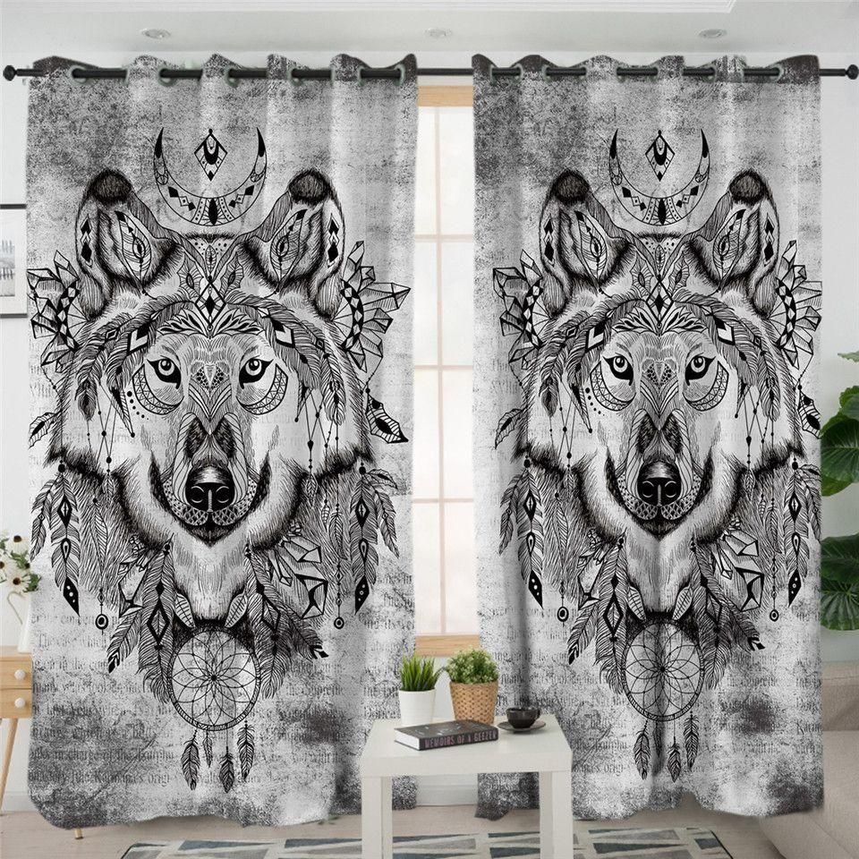 Wolf Dreamcatcher Gray Printed Window Curtain Home Decor