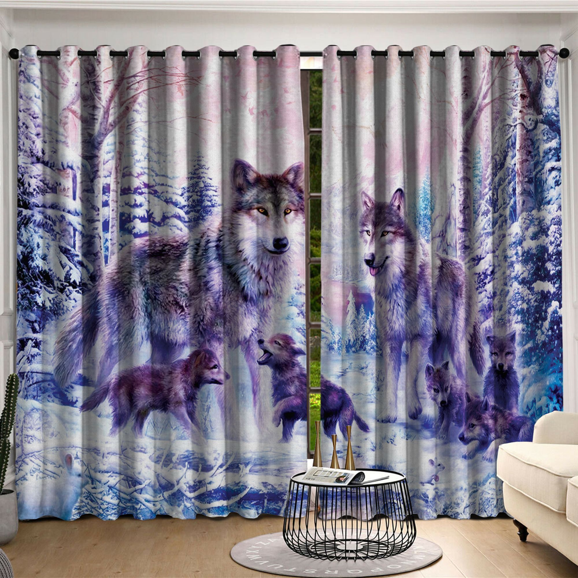 Wolf Family Blanket Of Snow Printed Window Curtain Home Decor