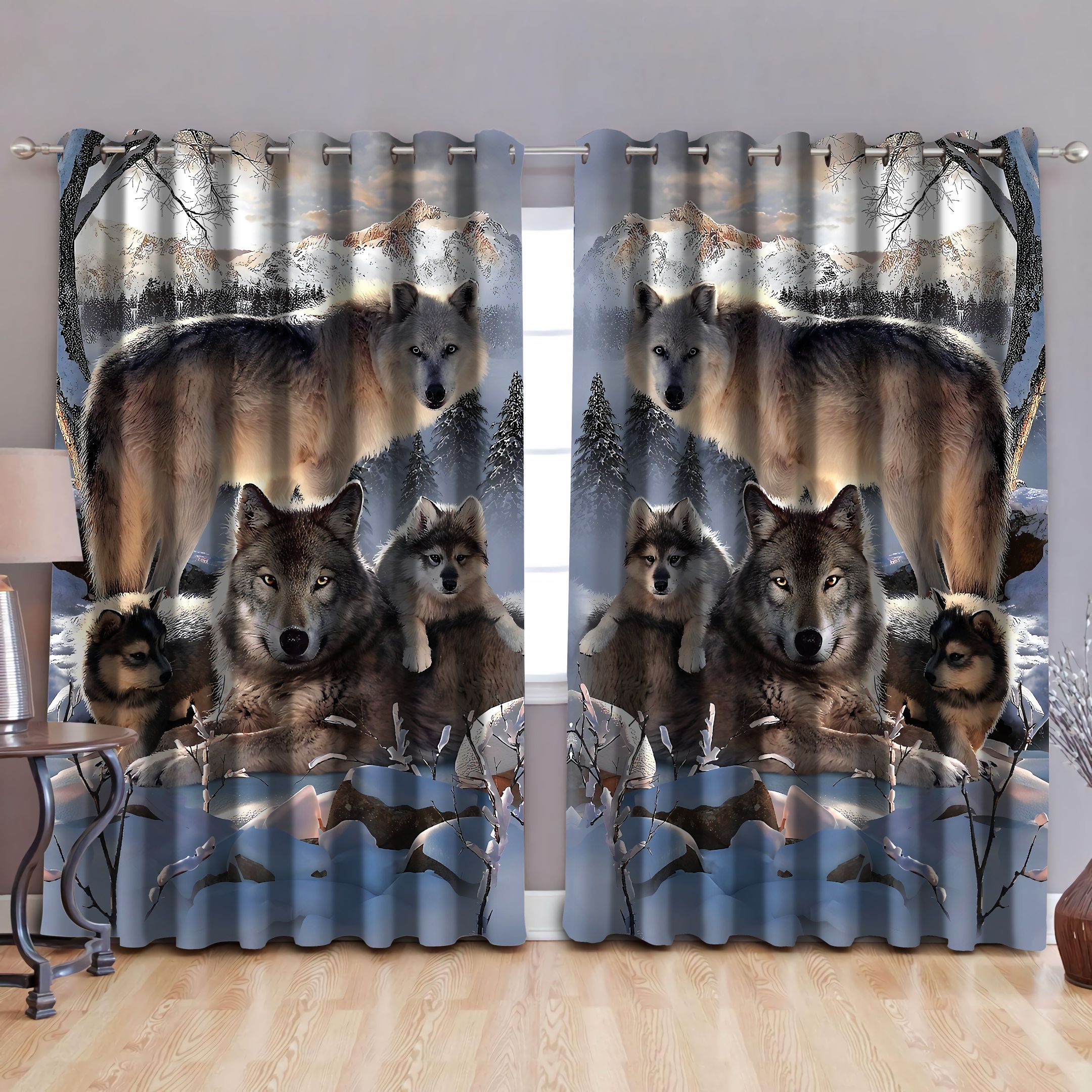 Wolf Family Snow Terrain Printed Window Curtain