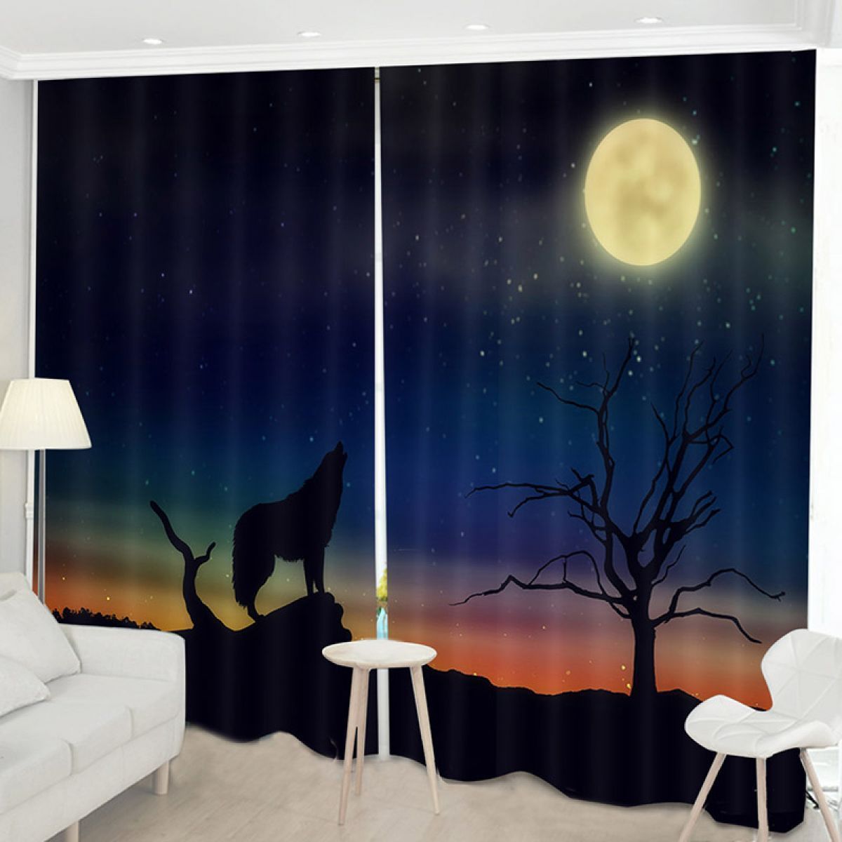 Wolf Howling To The Moon Printed Window Curtain Home Decor