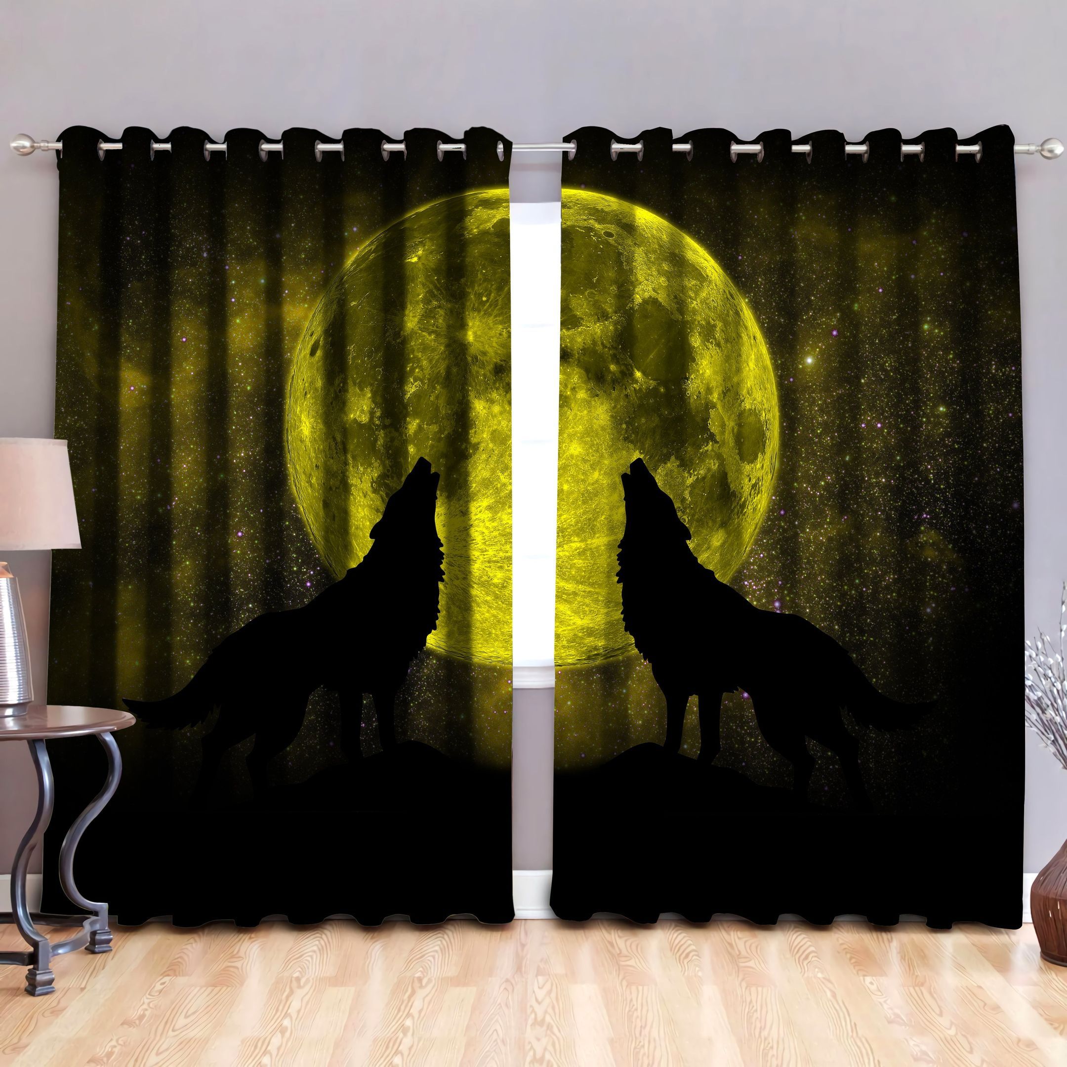Wolf Yellow Full Moon Printed Window Curtain