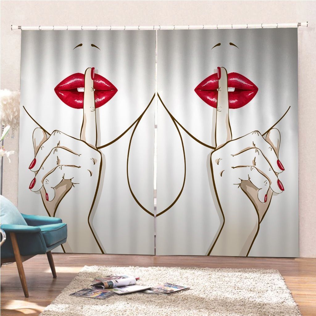 Woman Lips With Finger In Shh Sign Printed Window Curtain