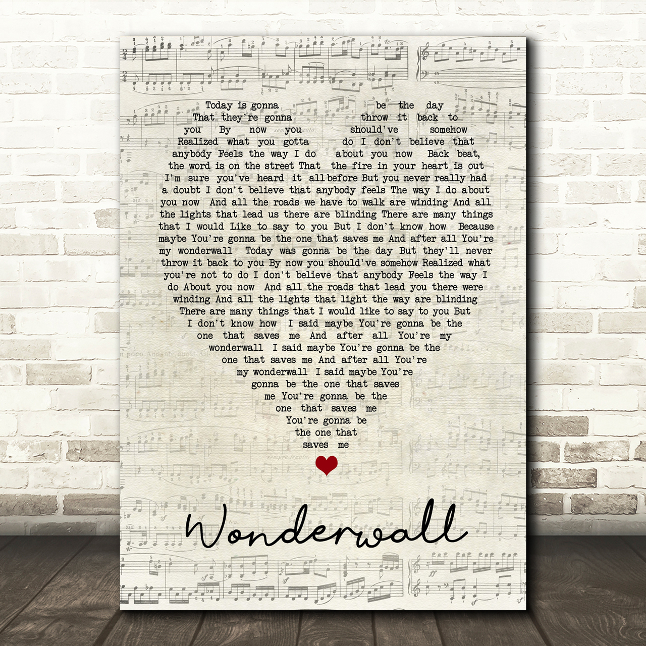 Wonderwall Oasis Script Heart Song Lyric Print