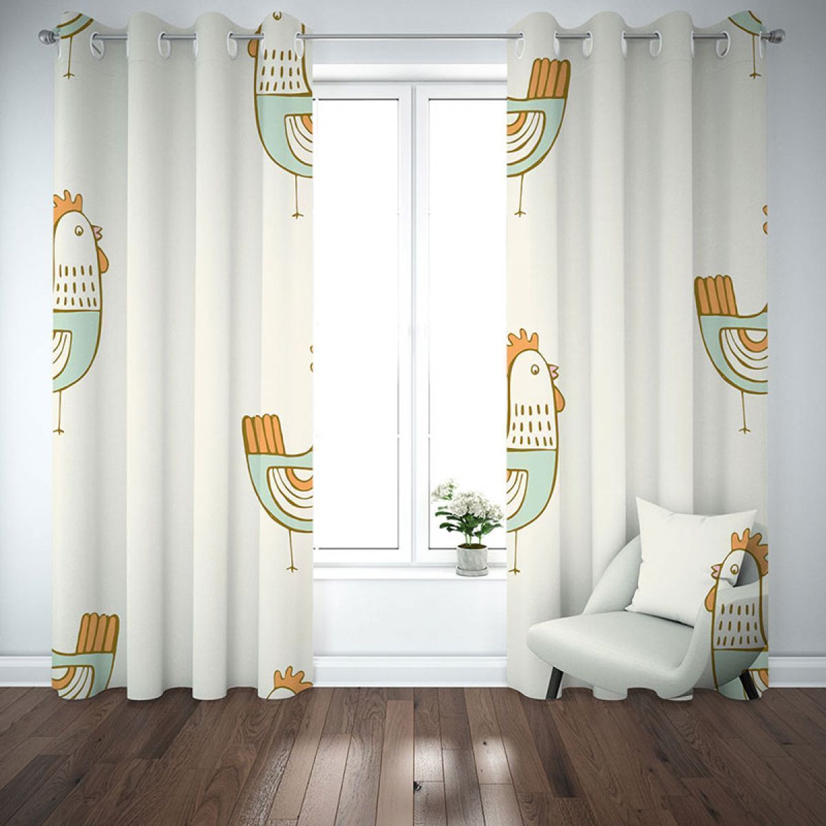 Yellow And Blue Cock Printed Window Curtain Home Decor