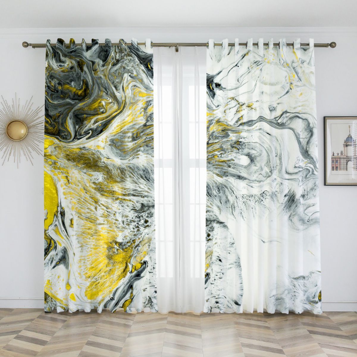 Yellow And Gray Oil Painting Patterned Printed Window Curtain Home Decor