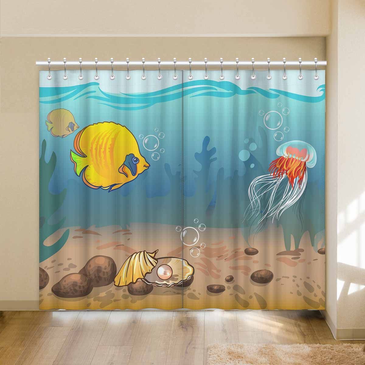 Yellow Fish Shell And Jellyfish Printed Window Curtain
