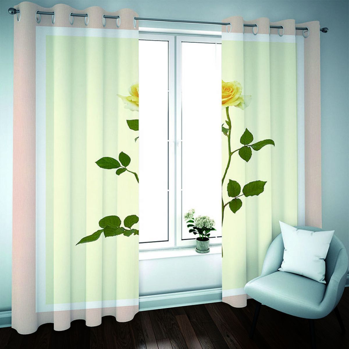 Yellow Rose Light Green Printed Window Curtain Home Decor