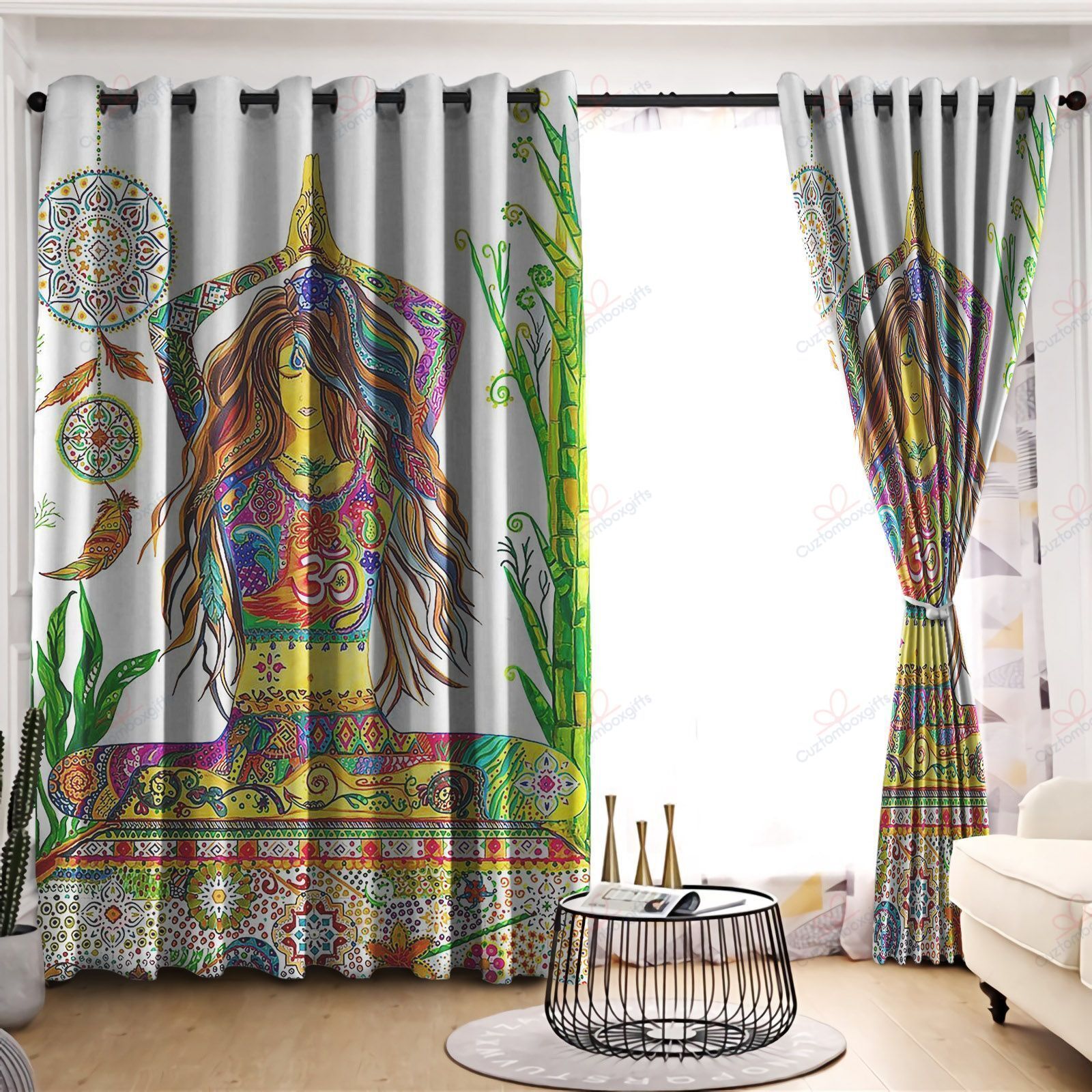 Yoga Pattern Hippie Girl Printed Window Curtain Home Decor