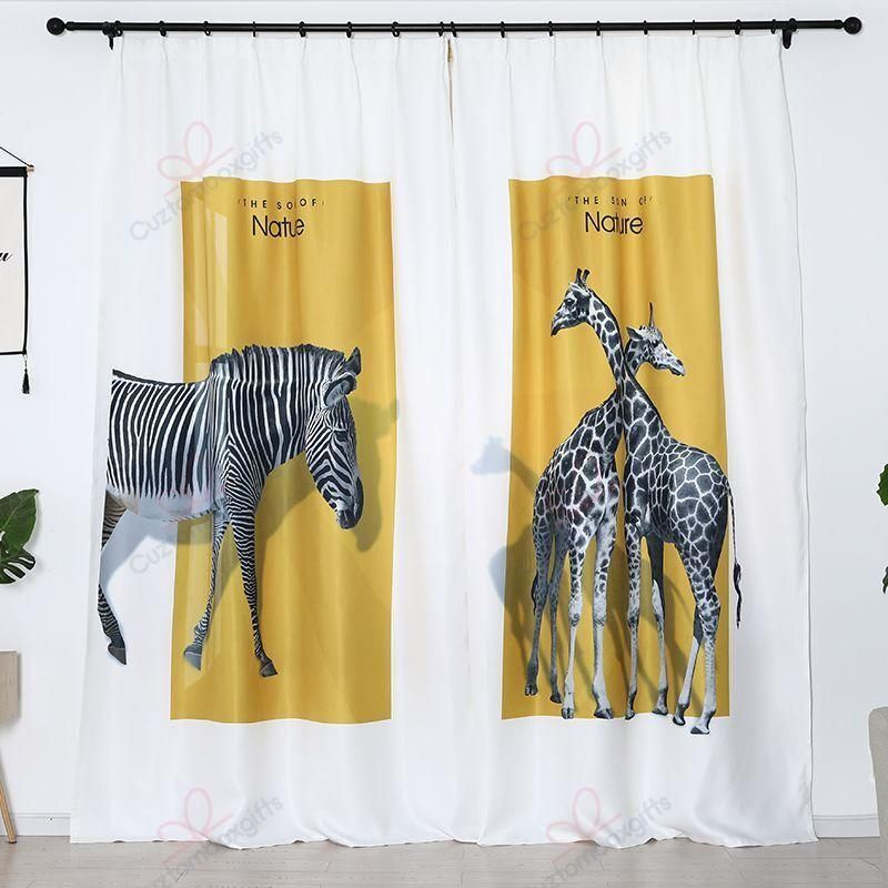 Zebras And Giraffe Yellow Theme Printed Window Curtains Home Decor