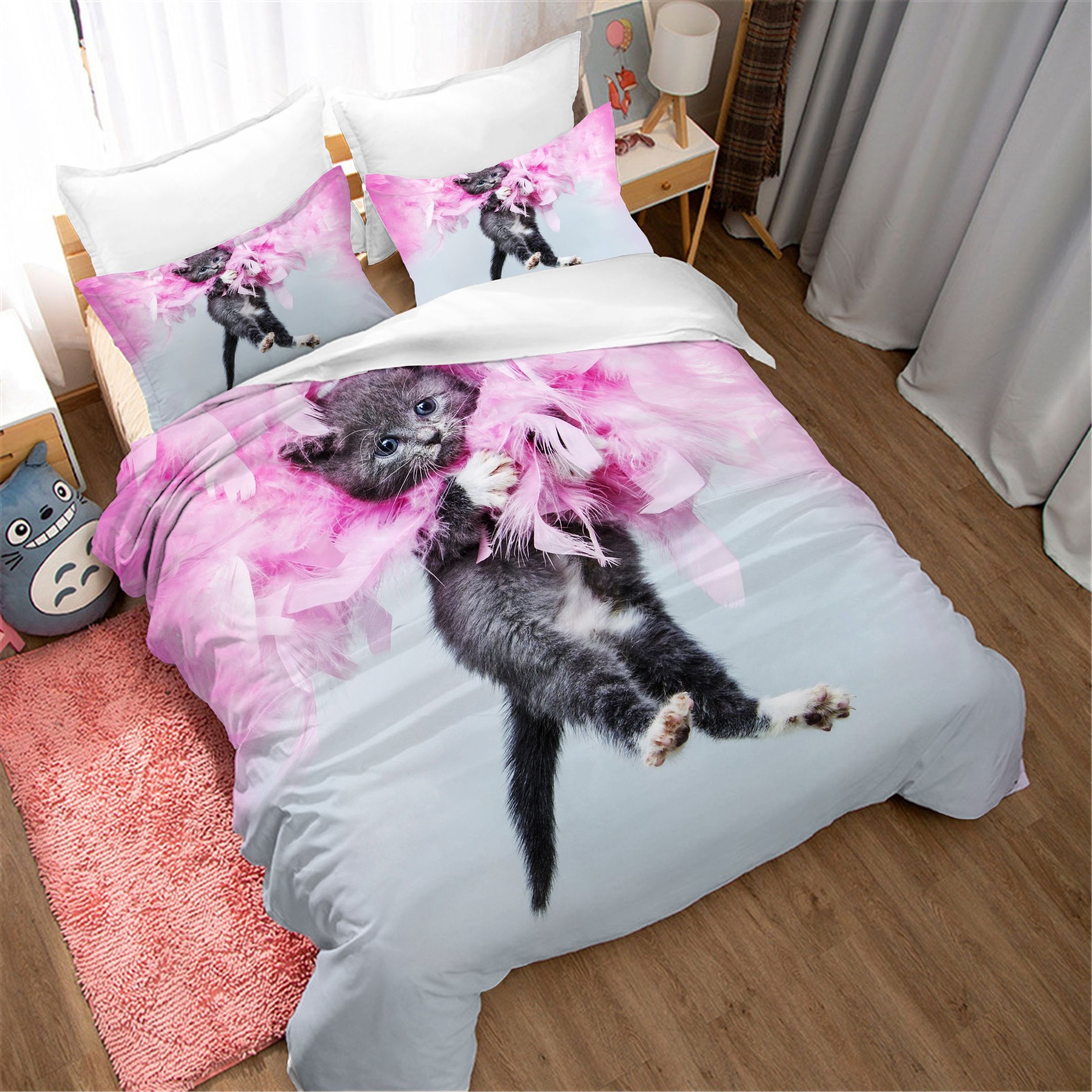 3d black cat pink floral bedding set bedroom decor 6705