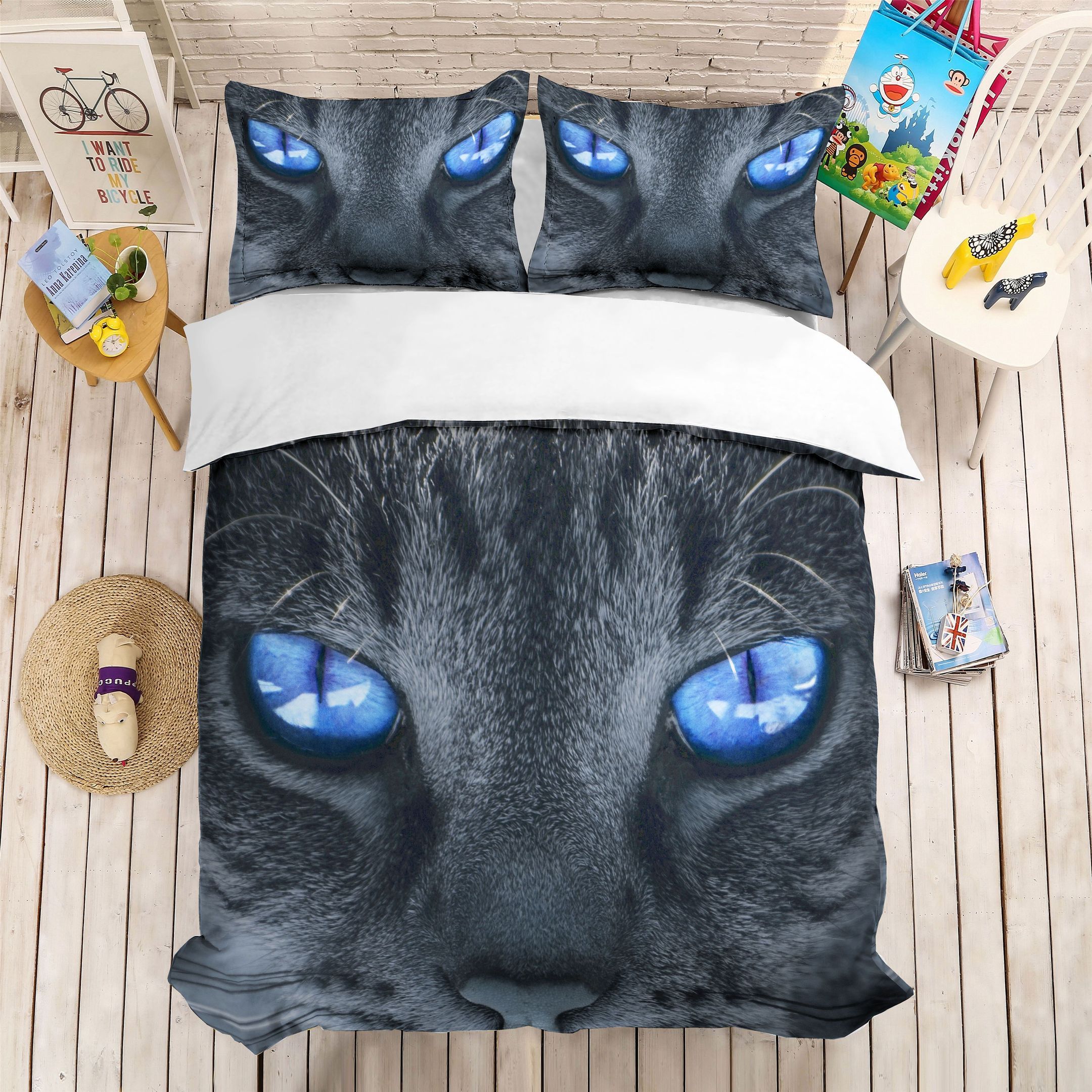 3d black cat with blue eyes bedding set bedroom decor 6064