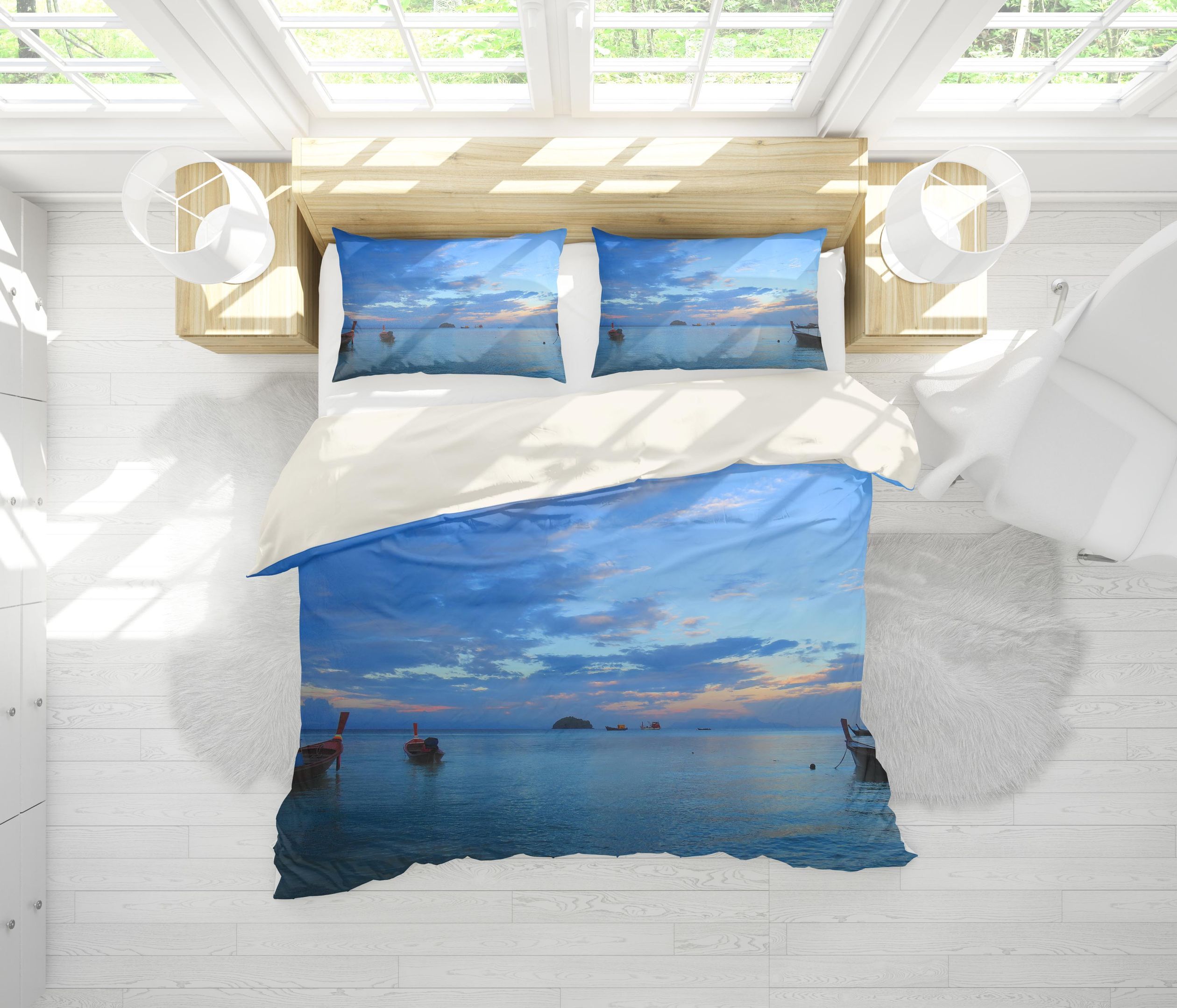 3d blue sea sky boat bedding set bedroom decor 8681