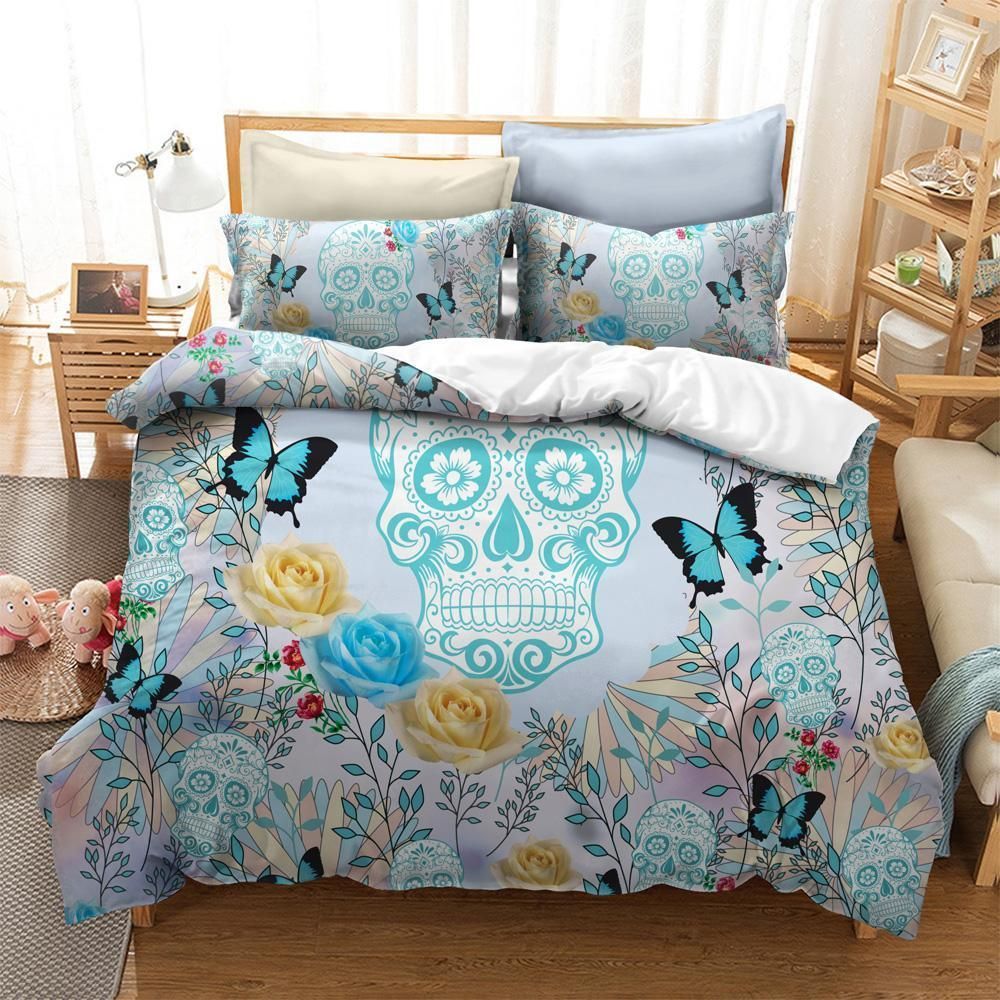3D Skull Butterfly Blue Roses Bedding Set Bedroom Decor 3d skull butterfly blue roses bedding set bedroom decor 2757