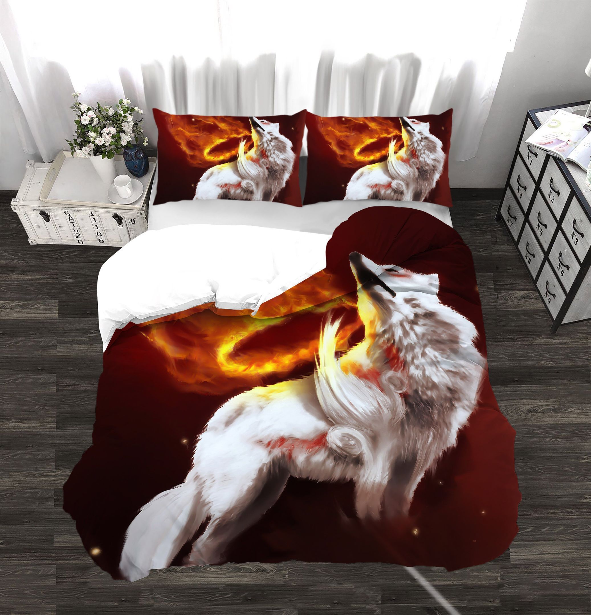 3d white wolf with circle fire bedding set bedroom decor 1564