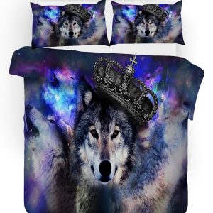 3d wolf crown purple sky bedding set bedroom decor 8375