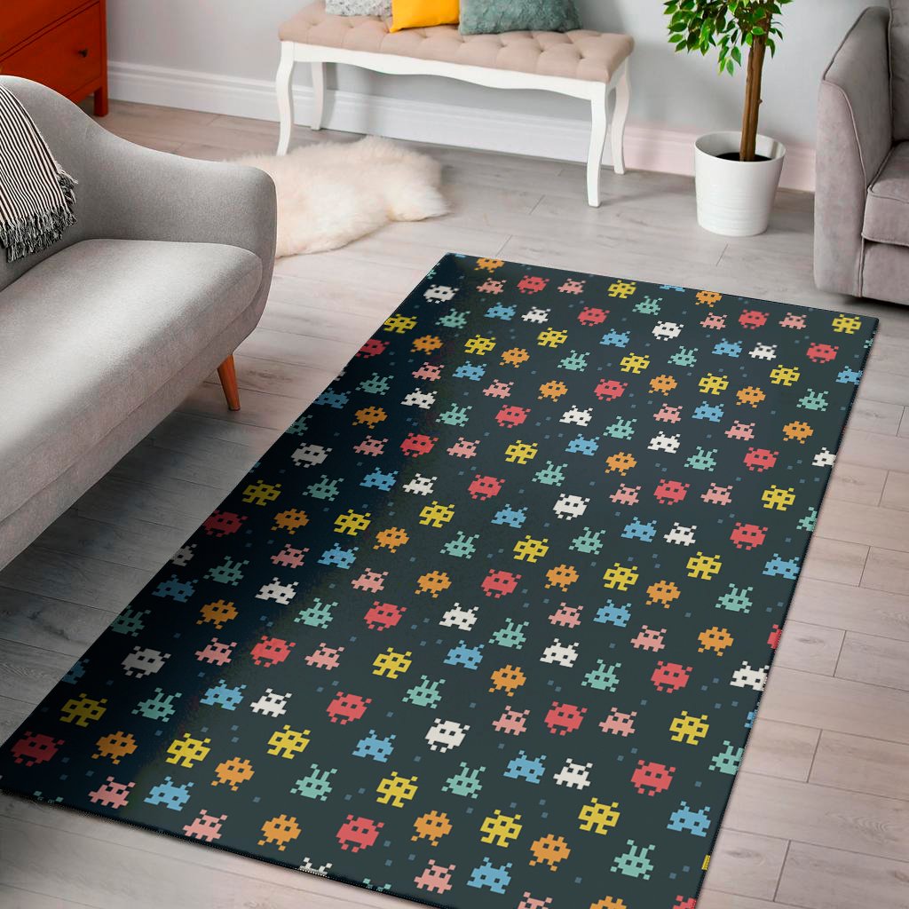 8 bit video game monsters pattern print area rug floor decor 4894