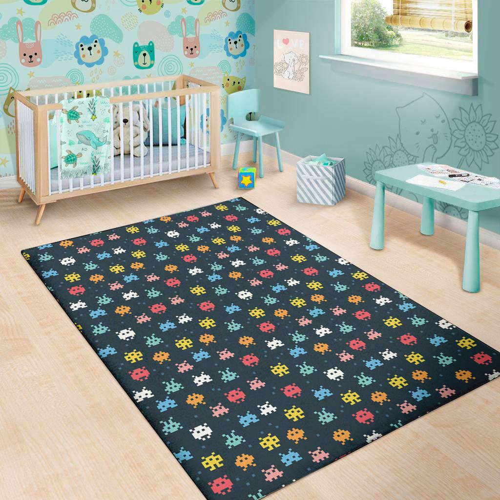 8 bit video game monsters pattern print area rug floor decor 8438