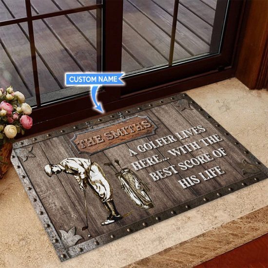 A Golfer Lives Here Personalized Custom Name Doormat Welcome Mat