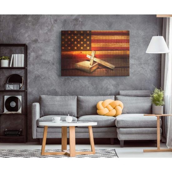 American Flag With Cross Holy Bible Canvas Print Christian Wall Art 1